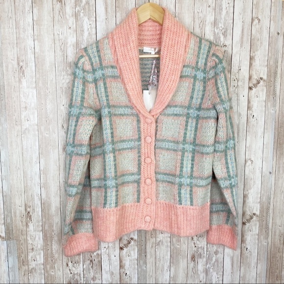 LoveShackFancy Jeeves‎ Magnolia Pink Plaid Wool and Mohair Long Sleeve Cardigan - Picture 3 of 13